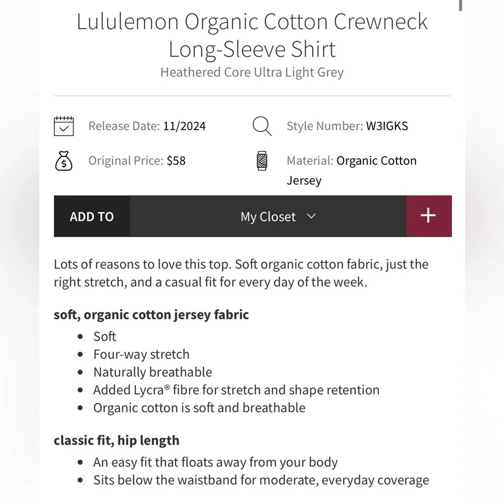 Lululemon Organic Cotton Crew Neck Long Sleeve Heathered Grey Tee Small